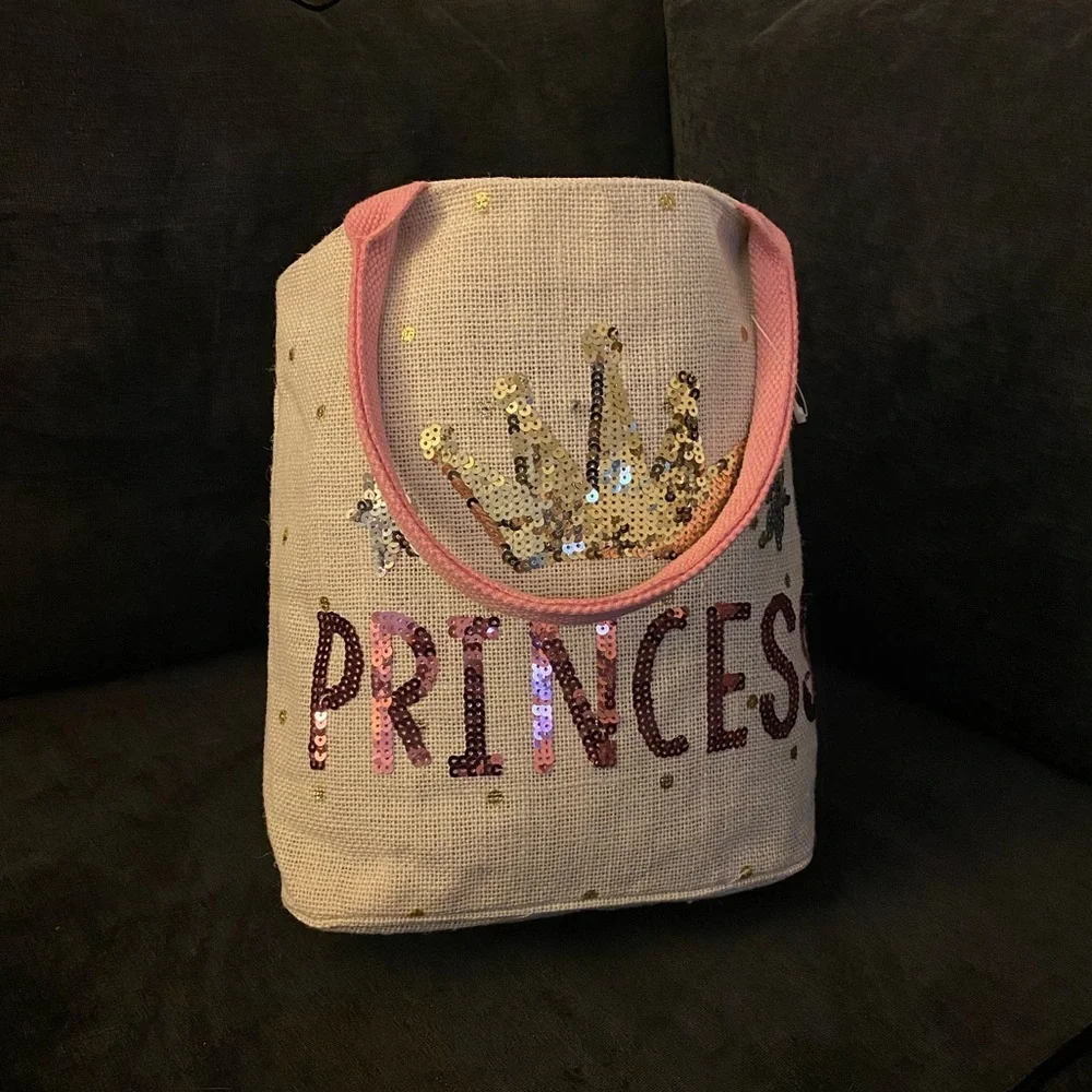 Sequined Princess Canvas Tote Bag | Pink & Gold Bling Shoulder Bag | Beach Tote